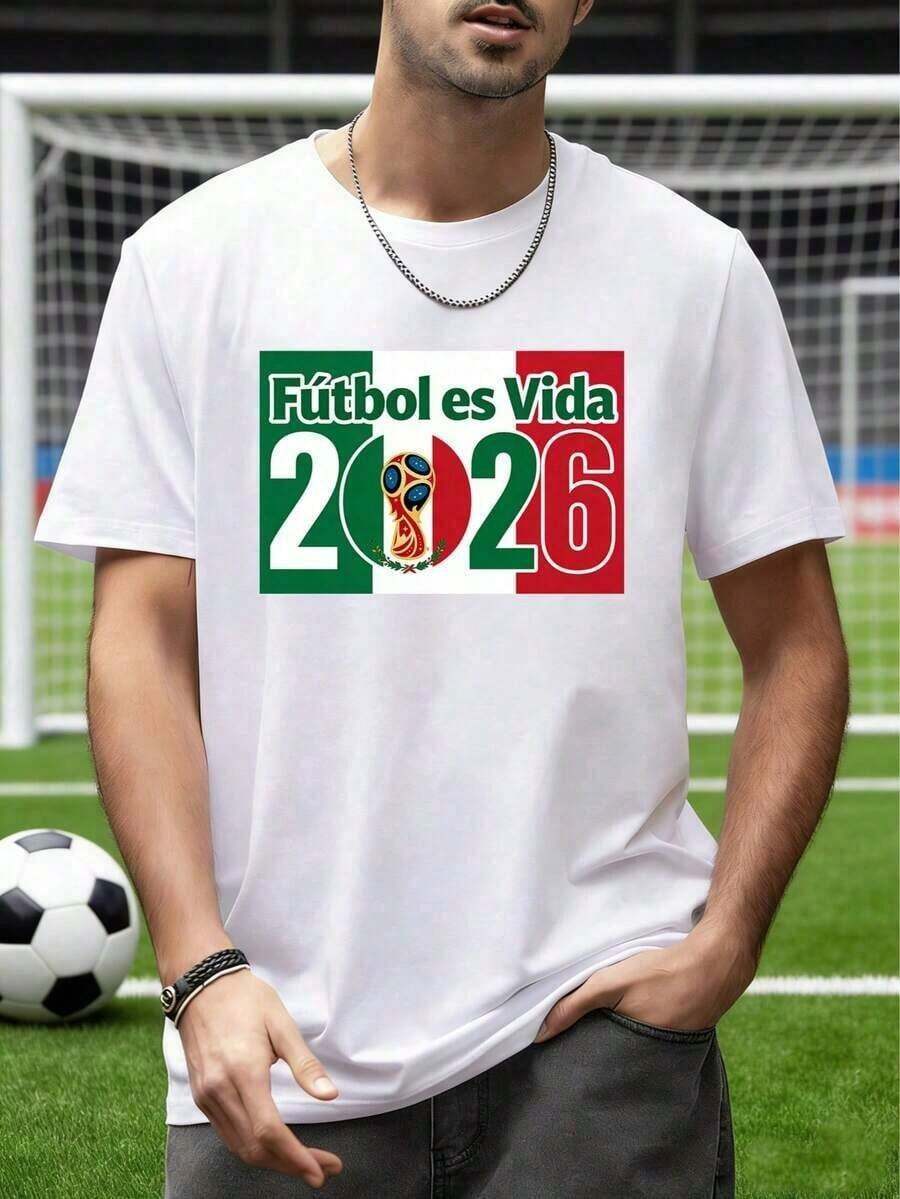 Playera exclusiva de la selección mexicana Copa Mundial 2026 EE.UU.-Canadá-México, estampado "Fútbol es Vida" en colores de la bandera mexicana y número 2026, corte oversize para hombres y mujeres, ideal para aficionados y uso diarioTee Ideal para regalar. Camiseta de mujer. Elegante. Estilo bohemio. Prenda suave, transpirable y cómoda, perfecta para primavera, verano y otoño; ideal para vacaciones, viajes y uso diario. Perfecta para ver un partido. - Blanco - Ver 1