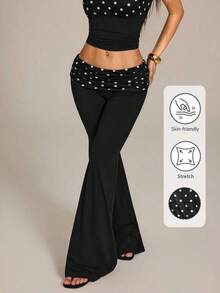Pantalones acampanados con cintura plegable de color contrastante para mujer - Negro 4 - Ver 6