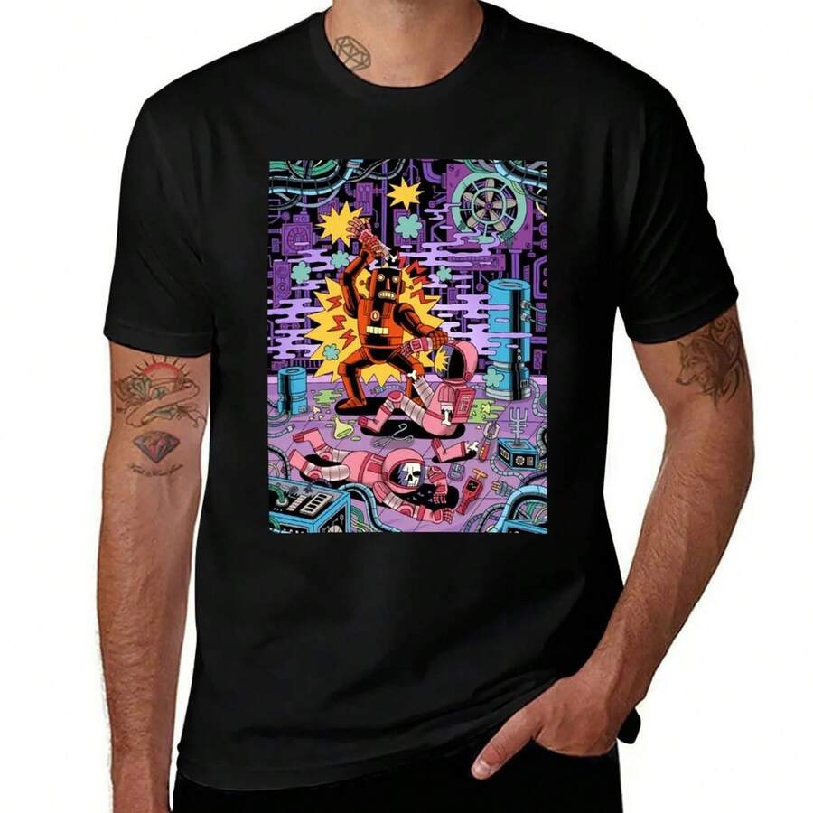 Camiseta deportiva informal transpirable Robot Attack T1EE de algodón grueso de 220 g, unisex, suave y transpirable con excelente elasticidad, agradable para la piel y cómoda para usar todo el día. Diseño clásico e informal fácil de combinar, ideal para salidas diarias, estilo urbano, deportes, citas y reuniones informales durante todo el año. - Negro - Ver 1