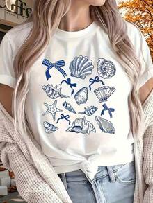 Camiseta sin mangas para mujer con estampado de conchas marinas y estrellas de mar azules, ropa casual de verano para la playa, camiseta. - Blanco - Ver 6