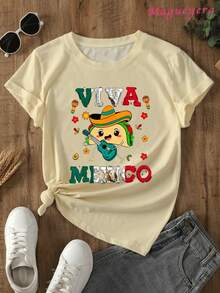 Limited Edition MGY Viva Mexico Graphic T-Shirt For Women, Size -% Cotton, Short Sleeve, Crew Neck, Casual Style With Vibrant Mexican Culture Design, Maracas, Sombrero And Chiles Print, Black And Red/Blue Green, Machine Washable, All Season Comfort, Lightweight Cotton - 杏色 - 查看 4