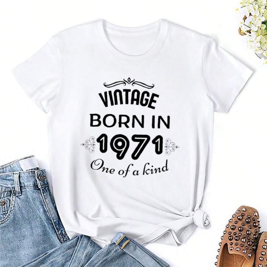 Vintage Born In 1971 One Of A Kind Classic Tshirt Premium T-Shirt Round Neck Movement Funny Joke Fitness - 白色 - 查看 1