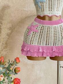 Conjunto de 2 piezas para mujer: Top de punto calado de color contrastante y falda mini con doble volante, adecuado para la playa, cruceros y festivales de música - Rosa - Ver 6