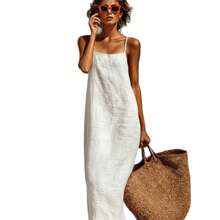 Solid Color Vintage Casual Cotton Linen Long Strap Dress Women - White - View 6