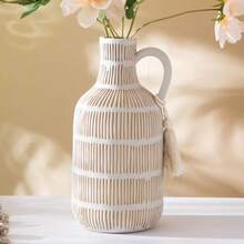 Mowtanco Jarrón de granja con asa y borla diseño de rayas verticales es amarillas jarrón de arcilla de 10 pulgadas de alto florero de cerámica para decoración rústica del hogar para - Gris  Largo - Ver 2