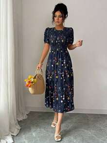 Elegante vestido de mujer con estampado floral de resort, cintura ceñida con múltiples capas y parches - Multicolor - Ver 3