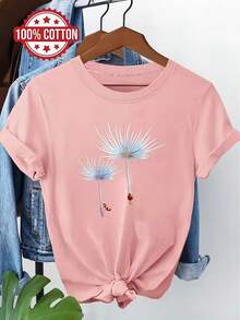 Edición Limitada,% Pura, Camiseta de Manga Corta con Cuello Redondo y Estampado de Diente de León para Mujer de Tallas Grandes, Cómoda para el Hogar, Ropa de Mujer de Alta Calidad, Algodón Ligero - Albaricoque - Ver 8
