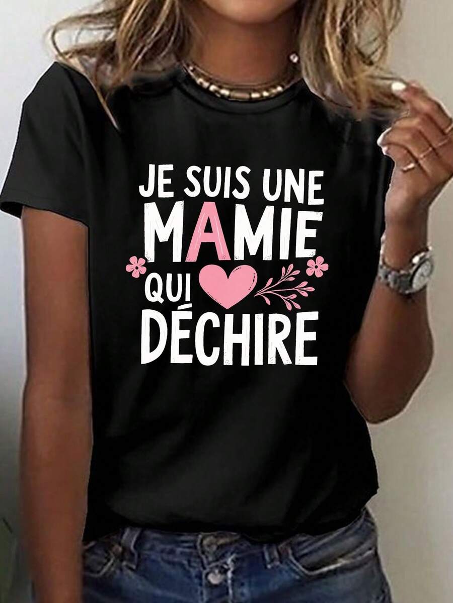 Camiseta con estampado "Soy una abuela que llora", top casual de manga corta y cuello redondo para verano y primavera, ropa de mujer - Negro - Ver 1
