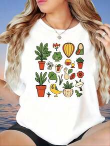 ropa de mujer Camiseta con estampado gráfico de plantas y cactus, linda, para mujer, de verano, casual, de manga corta, a la moda, de corte holgado, camisa blanca, camiseta de mujer, camisas de mujer - Blanco - Ver 1