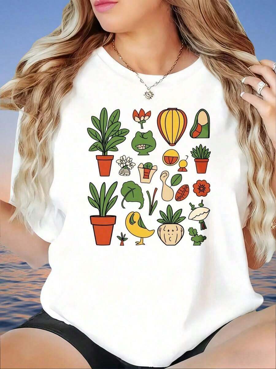 ropa de mujer Camiseta con estampado gráfico de plantas y cactus, linda, para mujer, de verano, casual, de manga corta, a la moda, de corte holgado, camisa blanca, camiseta de mujer, camisas de mujer - Blanco - Ver 1