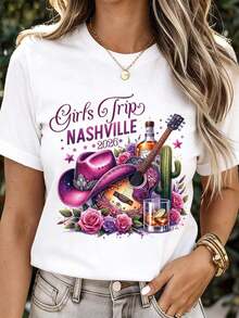 2026Girls Trip Nashville 2026 Camiseta Blanca con Estampado de Sombrero de Vaquero, Guitarra, Cactus y Rosas para Mujer, Atuendo Casual para Vacaciones - Blanco - Ver 6