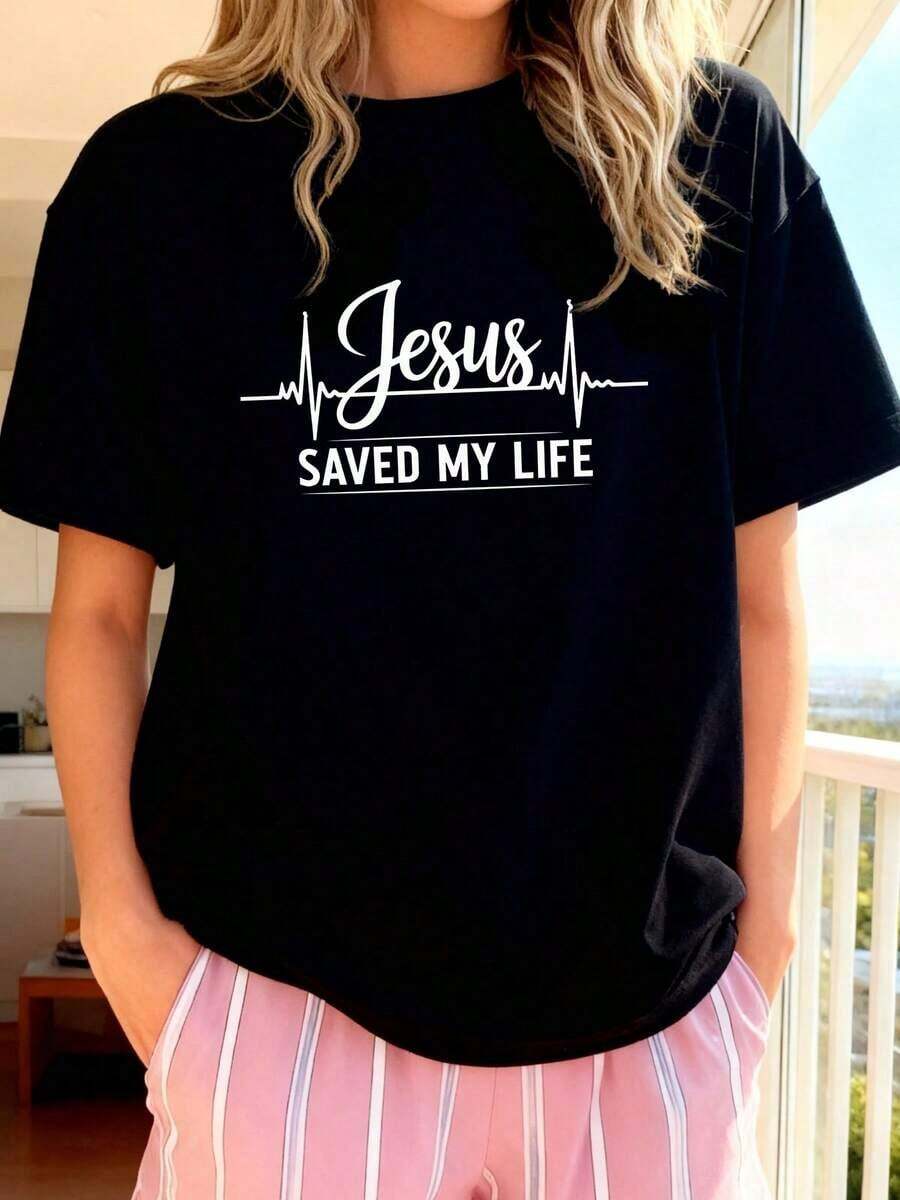 Camiseta Casual 100% Algodón, Jesús Cristo Salvador-0Pure-Cotton - Negro 2 - Ver 1