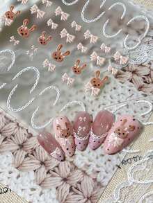 1pc Beige Rabbit Bow 5D Embossed Nail Sticker, Beige Rabbit + Pink Bow + White Lace, Ins Style Soft Nude Color Nail Art Decor Sticker With Self-Adhesive For DIY Nail Stickers - Multicolor - View 6