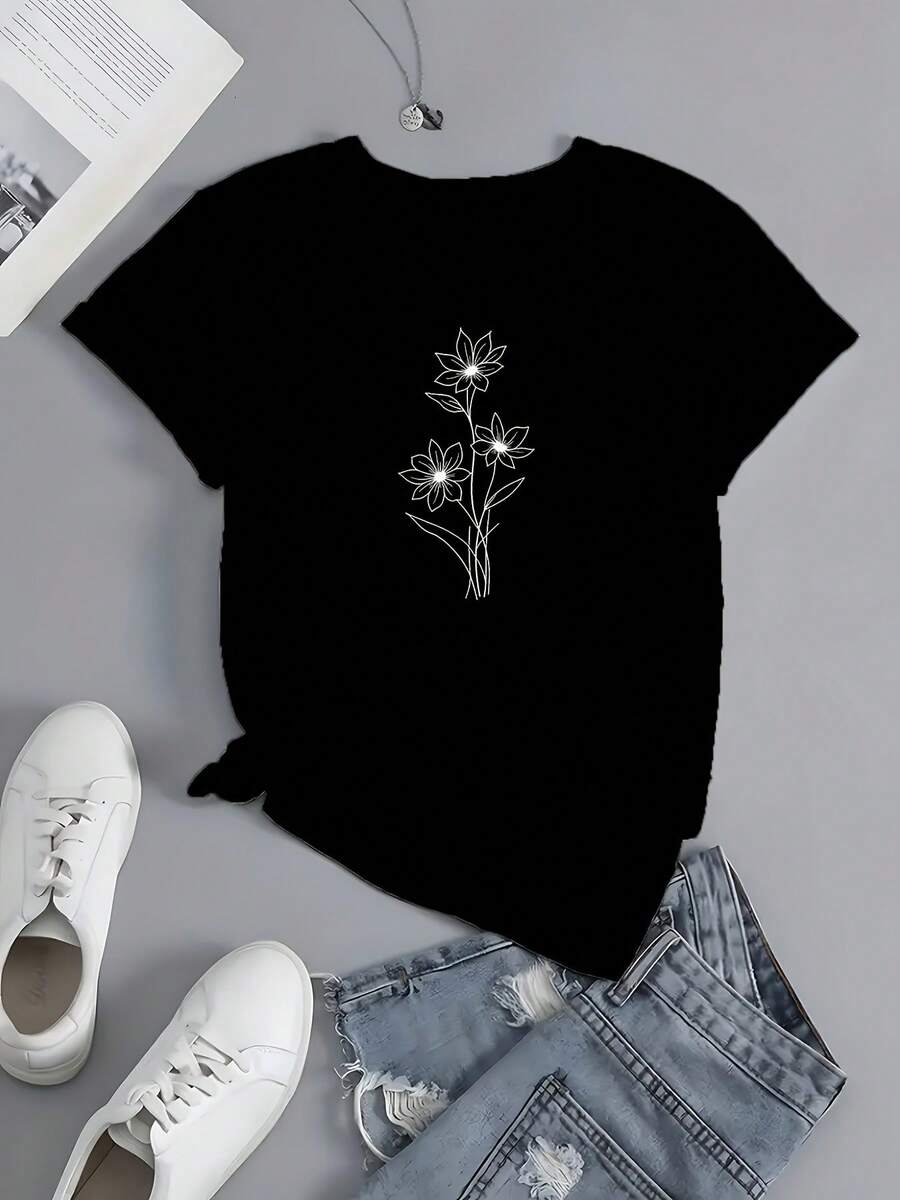 Camiseta Casual de Manga Corta para Primavera y Verano, Para Dama - Negro - Ver 1