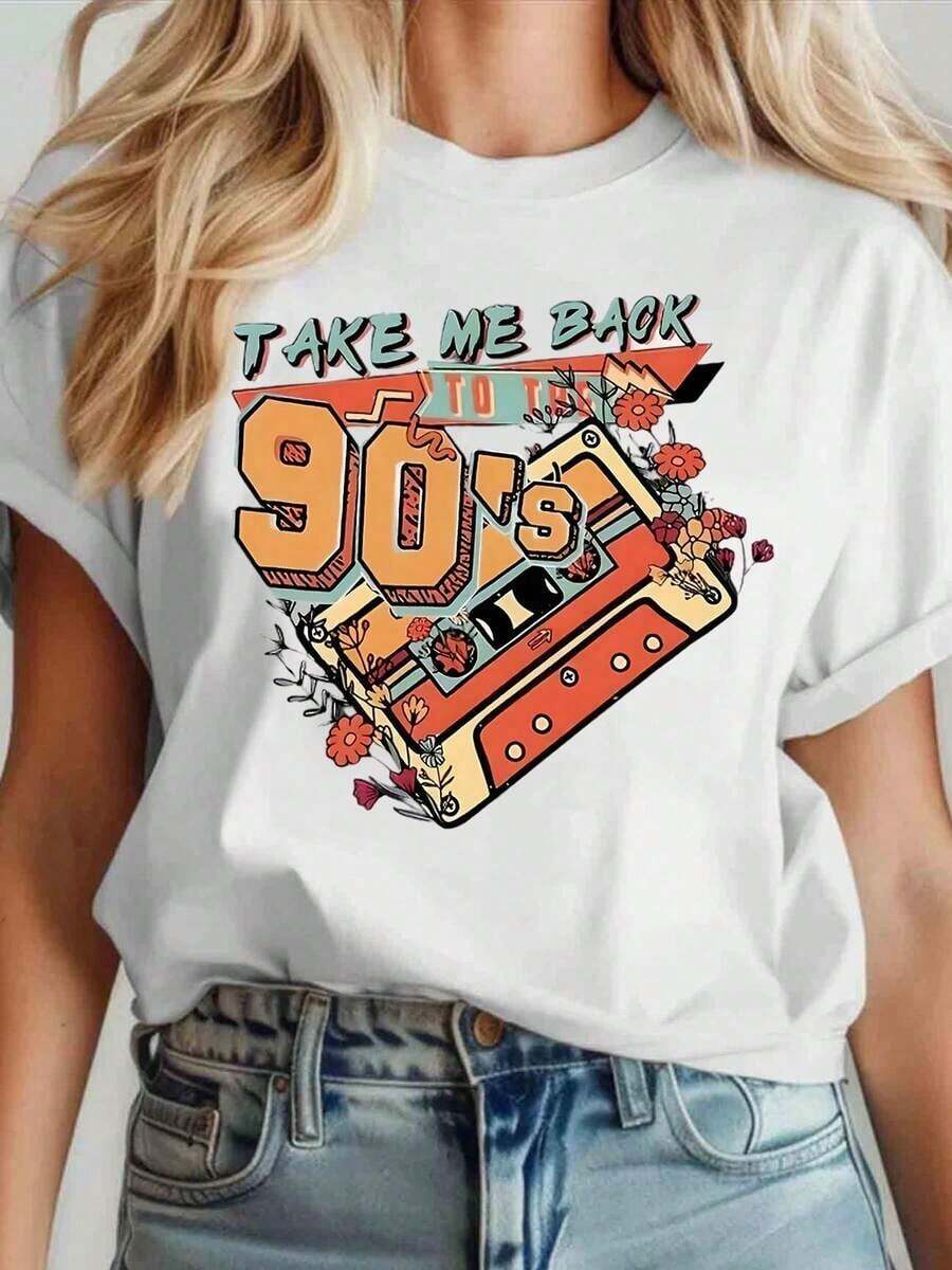 ropa de mujer Camiseta Retro 'Take Me Back To The 90s' para Mujer, Camiseta Gráfica Vintage de los 90 con Diseño de Cinta de Cassette, Ropa Casual Temática de los 90 para Amantes de la Música, Regalo Perfecto para Fiesta de Cumpleaños o Celebración de Aniversario de los 90 camisas de mujer - Blanco - Ver 1