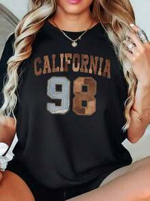 Camiseta Gráfica de Talla Grande para Mujer con Estampado Floral Vintage y Patrón de Alfabeto, Manga Corta, Estilo Casual de Verano - Negro - Ver 1
