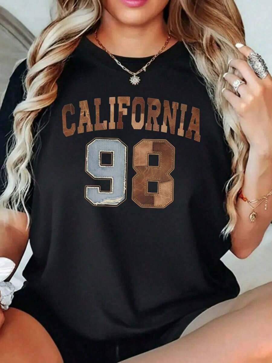 Camiseta Gráfica de Talla Grande para Mujer con Estampado Floral Vintage y Patrón de Alfabeto, Manga Corta, Estilo Casual de Verano - Negro - Ver 1