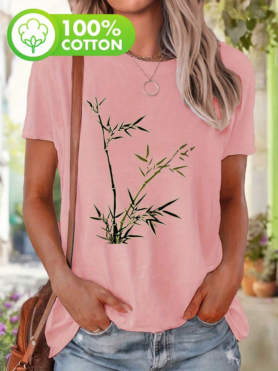 Plus Size, Plus Size Women's Casual Short Sleeve T-Shirt - Bamboo Branch Illustration Print, Relaxed Fit Round Neck Top, Machine Washable All-Season Comfort, Cute Short Sleeve Tops, Natural Theme Shirt, Durable Casualwear, Everyday Top, Graphic Tee, Soft Fabric, Print Shirt, Comfort Seekers - 粉色 - 查看 1