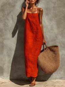 Verano De Las Mujeres 2026 Nuevo Vestido Largo Estilo Rojo Sin Tirantes Para Las Vacaciones, Vestido De Lino De Color Puro Para Las Mujeres - Rojo - Ver 3