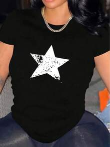 Women's Casual Short Sleeve T-Shirt, 1 Piece, 100% Thick Cotton - Comfortable Round Neck, Soft And Cute Top - Unisex, Suitable For Casual Daily Outings, Short Sleeve Summer Top, Retro Y2K Print T-Shirt. - 黑色 - 查看 6