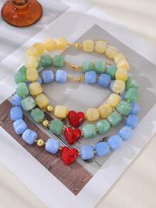 1pc Dopamine Summer Fashion Colorful Resin Geometric Heart Beads And Copper Beads Necklace, Perfect For Vacation, Outings, Beach Parties And Daily Summer Wear. Y2K Style Elegant Women's Jewelry, Jewelry Necklace, Heart Jewelry - Perfect Gift For Friends And Sisters. Vacation Season - Geometric Cube Beaded Necklace - View 2