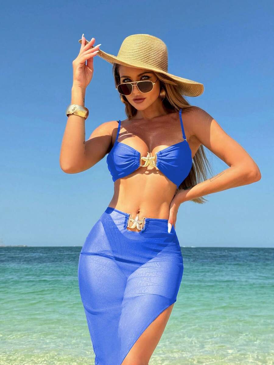 New And Sexy Solid Color Three-Piece Swimsuit With Long Mesh Skirt, Bikini - Blue - View 1