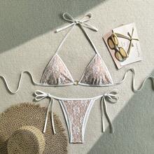 Nuevo y sexy traje de baño de bikini triangular de encaje para mujer, traje de baño de tres piezas con cuello halter y tirantes. - Amarillo - Ver 8