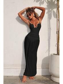 Bikini Sexy de 2 Piezas para Mujer con Vestido Largo de Playa, Color Sólido – Estilo Vacacional 2026 - Traje negro 9383 - Ver 8