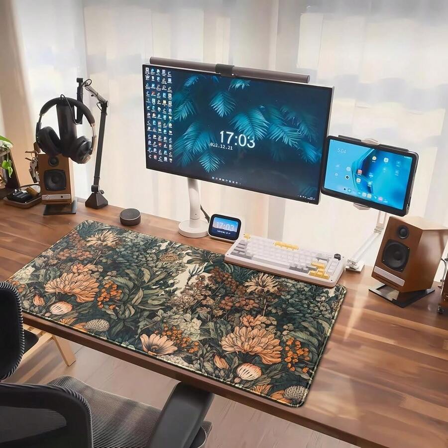 Thảm lót bàn phong cách Boho họa tiết hoa dại, tấm lót chuột cỡ lớn, tấm lót bàn phím XXL, phụ kiện bàn làm việc dành cho nữ, viền may chắc chắn, chống trượt, họa tiết ngộ nghĩnh. - Xem 1