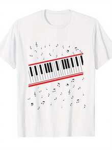 Camiseta de piano "Beat It", hecha de un material suave y cómodo, presenta un diseño de cuello redondo y mangas cortas. Es un regalo ideal para seres queridos. - Blanco - Ver 1