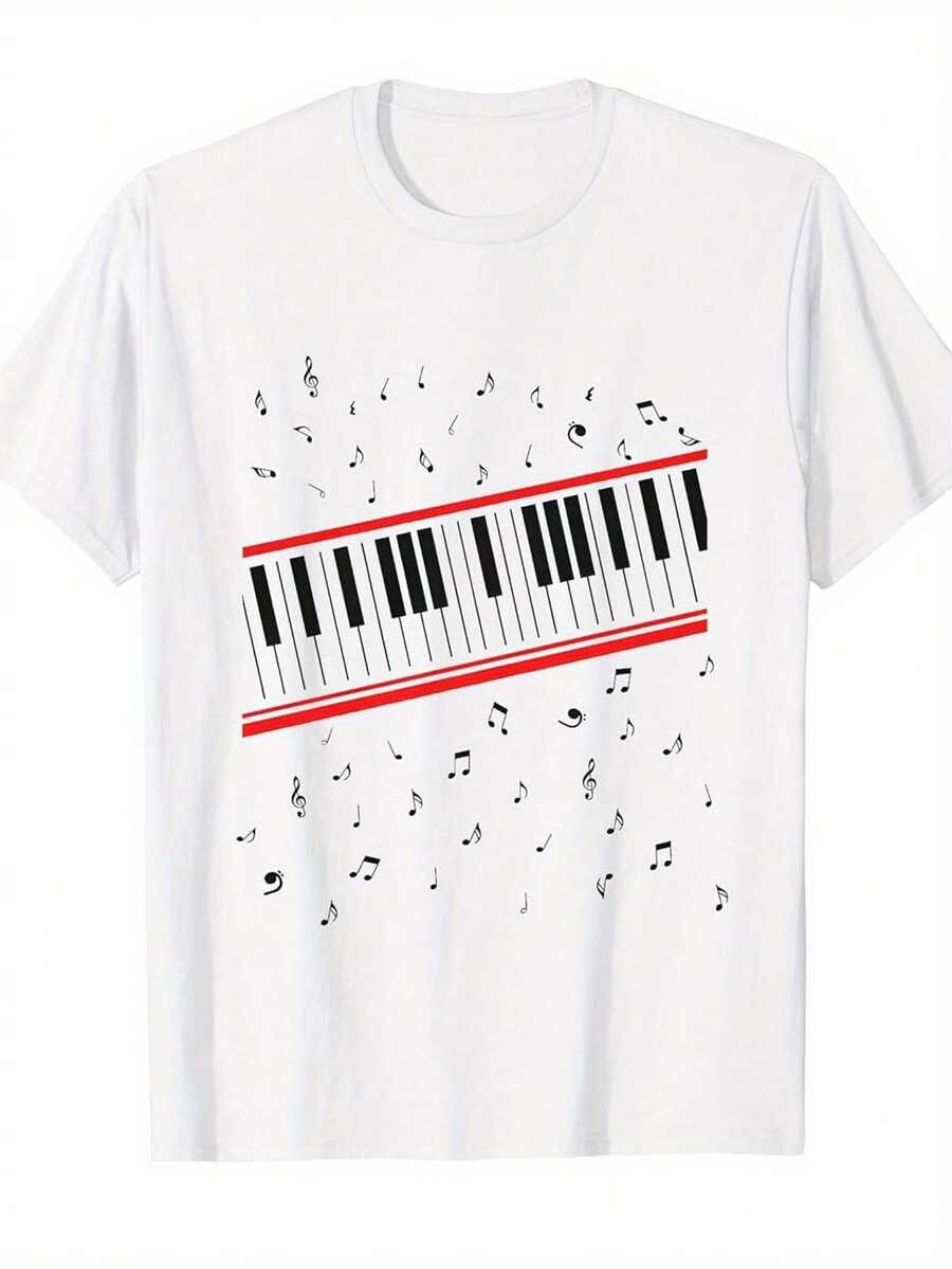 Camiseta de piano "Beat It", hecha de un material suave y cómodo, presenta un diseño de cuello redondo y mangas cortas. Es un regalo ideal para seres queridos. - Blanco - Ver 1
