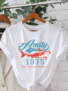 Camiseta casual de manga corta y cuello redondo con un estampado de un gran tiburón blanco, perfecta para primavera y verano, diseñada para mujeres. - Blanco - Ver 8
