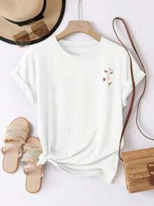 Camiseta de manga corta estampada para mujer, estilo casual con diseños únicos, estampado floral, estilo urbano, adecuada para primavera, verano y otoño.Nuevo modelo, transpirable y cómodo - Blanco - Ver 10
