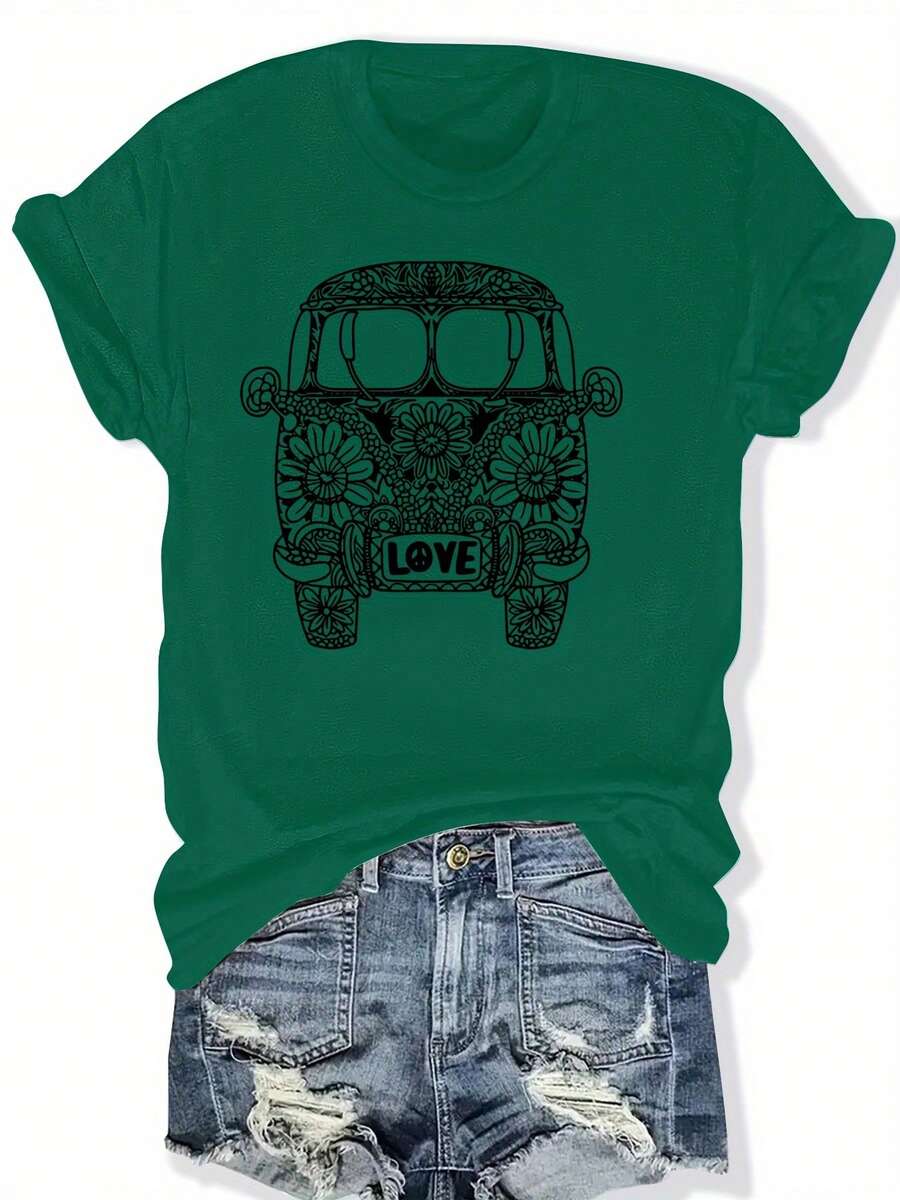 Camiseta estampada de diseño de nicho estilo , de manga corta y talla grande, top versátil para la calle en verano, top casual de cuello redondo, corte holgado y extragrande, para verano y primavera, ropa de mujer de talla grande. - Verde Oscuro - Ver 1