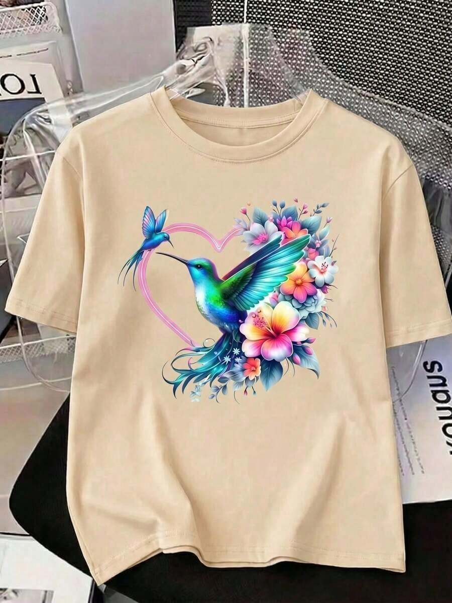 Camiseta Casual de Manga Corta con Cuello Redondo para Mujer, con Impresión Gráfica de Colibrí y Corazón Floral, de Poliéster y Largo Regular - Albaricoque - Ver 1