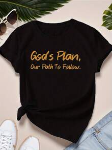 Camiseta para Mujer con Estampado Inspirador "El Plan de Dios" Escrito a Mano en Dorado, Nueva, Versátil, Casual, Ajustada, de Manga Corta para Verano - Negro - Ver 1