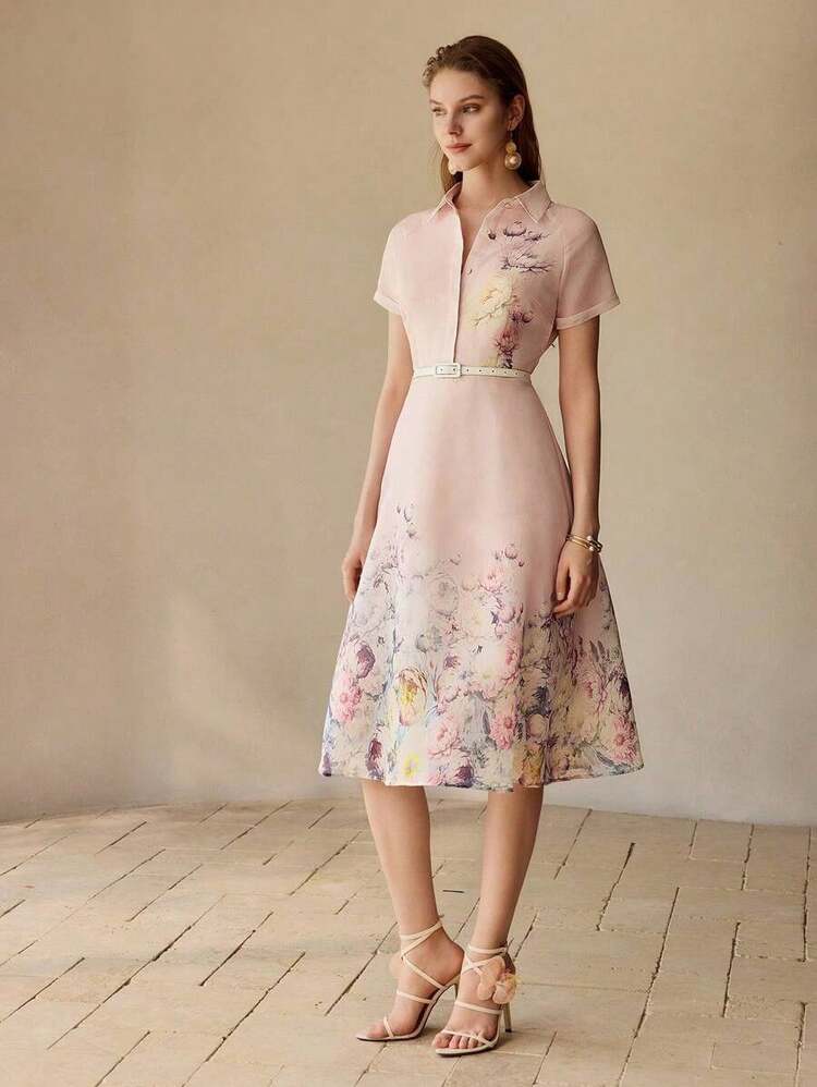 PREMIUM VESTIDO MIDI CON MANGAS RAGLÁN, VUELO Y ESTAMPADO FLORAL DE ORGANZA PARA MUJER - Rosa - Añade 4