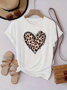 Short-Sleeved T-Shirt With Heart And Leopard Print, Casual Round Neck Sports T-Shirt For Women, Basic Spring/Summer Top, Women's Clothing - 白色 - 查看 7