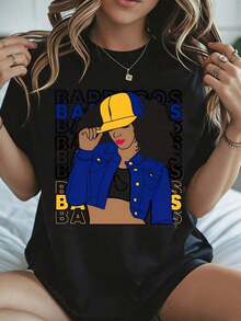 Elegante y casual para mujer, manga corta, camiseta de mujer con estampado gráfico Boss, ropa casual blanca para verano. - Negro - Ver 8