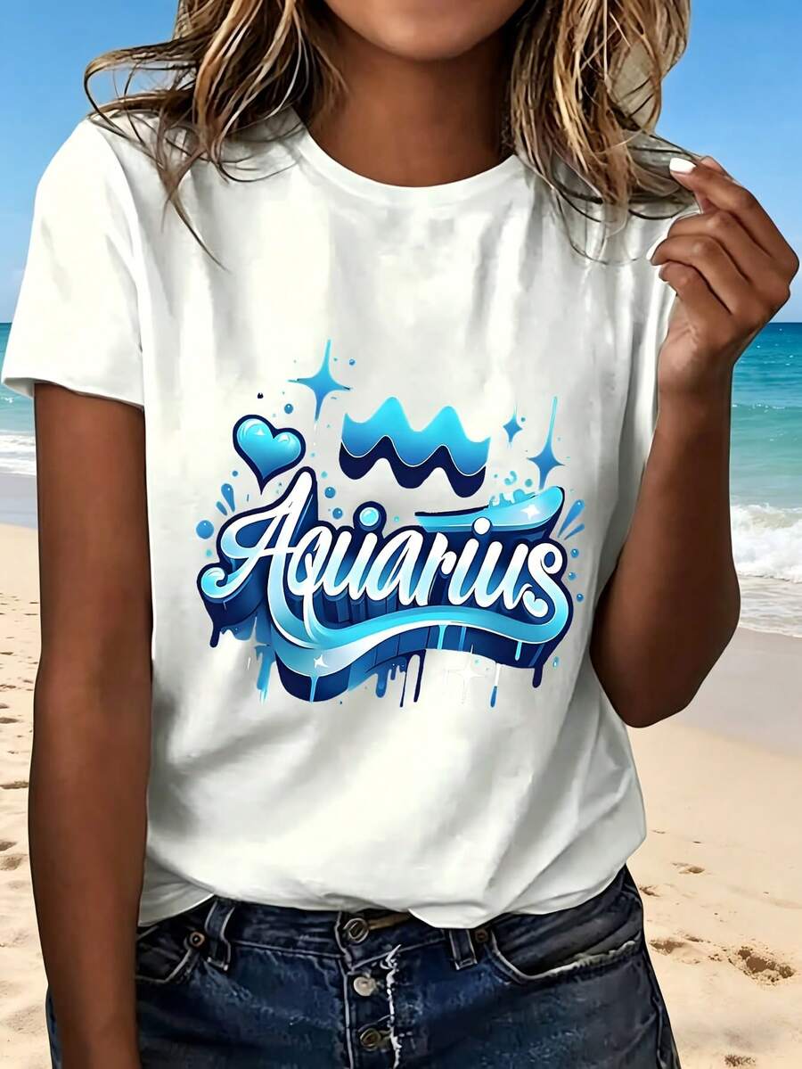 Aquarius Zodiac Sign T Shirt With Fashion Design Trendy Style Casual Wear For Beach Outing Perfect Gift For Astrology Lovers - Blanco - Ver 1