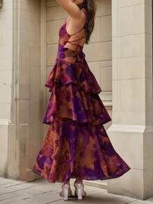 Vestido Tirantes Estampado Floral Primavera Vestido Pastel Estilo Europeo Elegante Con Estilo Para Mujer - Morado - Ver 3