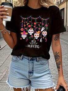 Women's T-Shirt, Perfect For Holidays, Day Of The Dead, With Colorful Skull And Flower Print - Casual Short Sleeve Crew Neck T-Shirt For Women, Going Out Clothes - 黑色 - 查看 7
