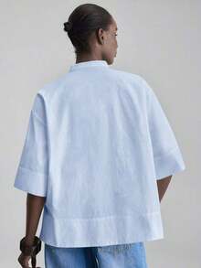 de diseño versátil y casual de serie esencial con sensación de lujo minimalista, con cuello redondo, hombros caídos y diseño suelto, silueta corta por delante y larga por detrás, de estilo urbano moderno y elegante para oficina, ideal para bod - Azul - Ver 3