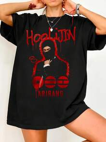 Hoolijin Meme, BT.S Arirang, Hooligan Jin T-Shirt1.Vintage Graphic Print Casual Black Cotton Short Sleeve T-Shirt - 黑色 - 查看 6