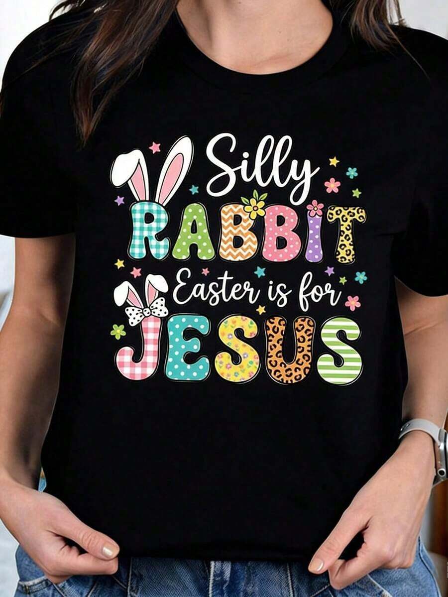 Camiseta de Pascua Cristiana, Conejo Divertido Jesús, Camiseta de Fe, Camisetas Gráficas Unisex, Camiseta Divertida, Camisetas para Mujer - Negro - Ver 1