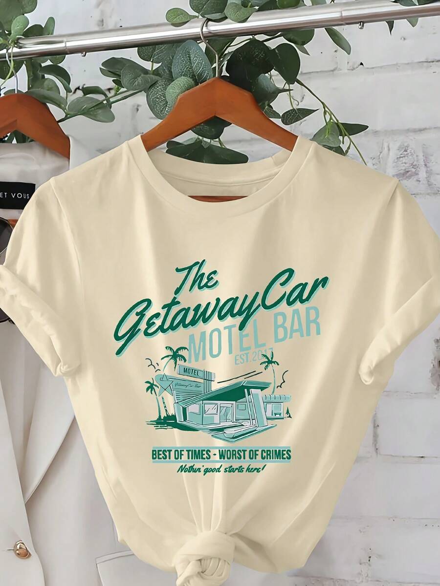 Women's Casual Short-Sleeve T-Shirt With Vintage Design For Summer Vacation - "Escape Car" Design, Casual Short-Sleeve Crew Neck Top With Vibrant Green And Blue Illustrations, Perfect For Spring And Summer, Everyday Wear. | Crew Neck Top | Casual Summer Tops - 杏色 - 查看 1