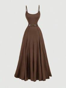 MOD Vestido elegante de mujer con estampado floral, cintura fruncida y tirantes largos para fiesta - Marrón - Ver 1