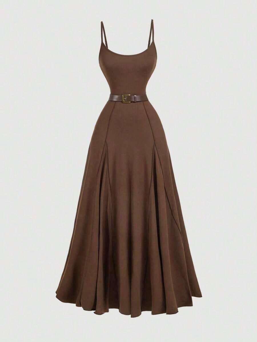 MOD Vestido elegante de mujer con estampado floral, cintura fruncida y tirantes largos para fiesta - Marrón - Ver 1