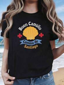 Talla Grande, Camiseta De PeregrinacióN EspañOla Buen Camino Para Mujer - Top De Manga Corta Y Cuello Redondo Estilo Vintage Camino De Santiago, Compatible Con Blusa, Adecuado Para Viajes, Actividades Al Aire Libre Y Atuendos De TemáTica EspañOla - Negro - Ver 7