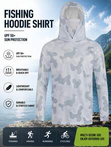 Sudadera con capucha con protección solar y estampado de pesca, camisa de pesca de manga larga transpirable y de secado rápido con protector de cuello integrado para deportes de otoño - Multicolor - Ver 1